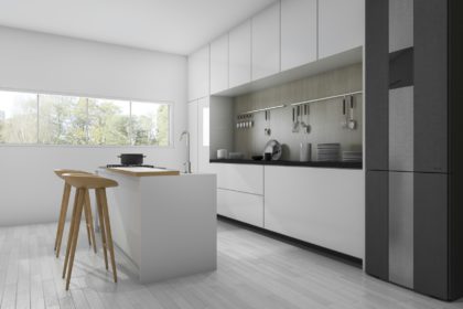 3d rendering white minimal and modern kitchen